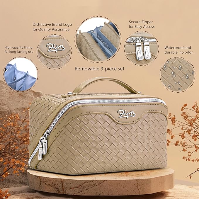 BOYATU Travel Makeup Bag Cosmetic Bags for Women: Large Capacity 3 Pcs Set Make up Bag with Compartments - Waterproof Vegan Leather Toiletry Organizer Bags with Handle (L12 Apricot)