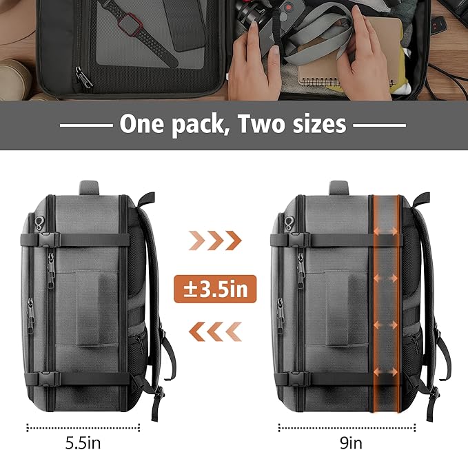 Spacious Carry On Backpack,Expandable Large 1-7DAYS Capacity Travel Backpack with USB Cable Port,Fits 18.4" Laptop,Anti Theft Water Resistant Work Backpack for Men Women,Extended Travel Work,Grey