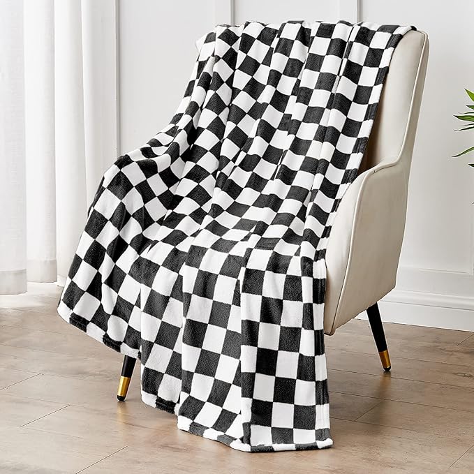 Checkered Blanket Flannel Throw Blankets Soft Cozy Checkered Grid Print Chessboard Gingham Pattern Throws for Bed Sofa Couch for All Seasons, 60x80 Inch, Black