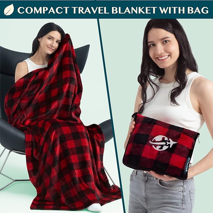 PAVILIA Travel Blanket and Pillow, Arms Opening Airplane Blankets for Adults, Compact Plane Blanket with Arm Hole 2-in-1 Bag for Flight Car Camping Luggage Backpack Traveler Gift, Checkered Red