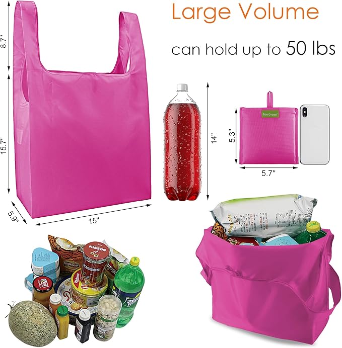BeeGreen Pink Reusable Grocery Bags Wholesale Reusable Kitchen Bags Bulk Foldable-Machine Washable with Zipper Storage Pouch 50 Packs