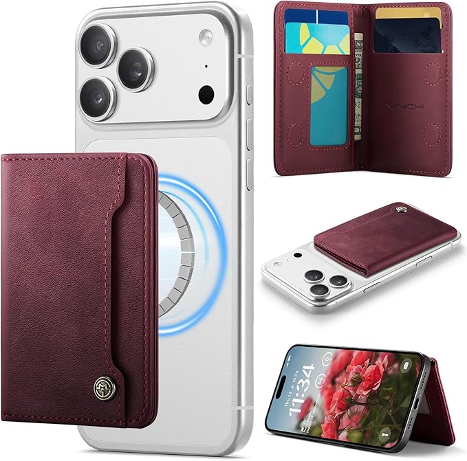 Vinich for MagSafe Wallet Magnetic RFID Blocking Card Holder Compatible with MagSafe Phones and Cases, Strong Magnet Minimalist Phone Wallet for iPhone 17/16/15/14/13/12/Pro/Max/Plus, Burgundy