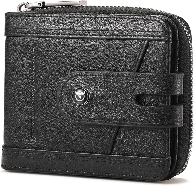 BULLCAPTAIN Genuine Leather Men's Wallet with Zipper Vintage RFID Blocking Large Capacity Wallet for Men with 14 Credit Card Slots and 1 ID Window T23 (Black)
