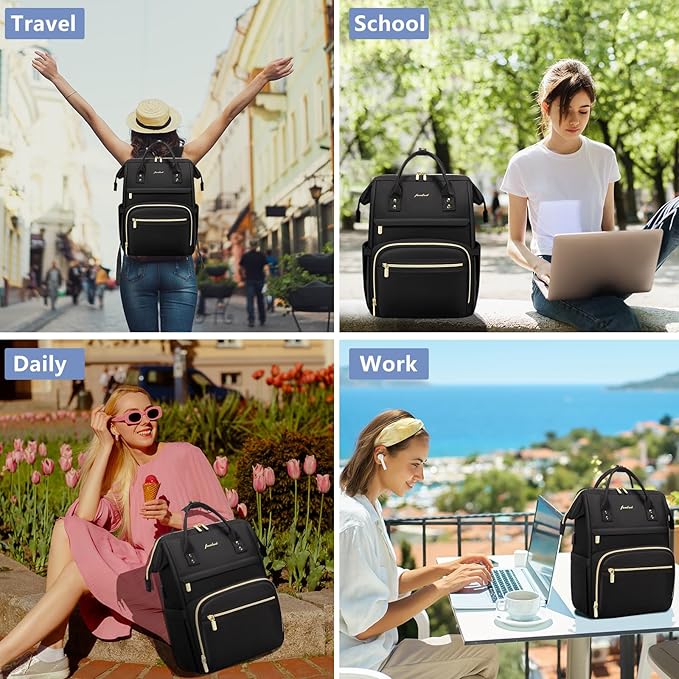 Focdod Backpack for Women 15.6 Inch Laptop Backpack Work Business Backpacks Purse Waterproof Computer College Backpacks Nurse Bag Backbag 2 Sets Casual Daypack for Travel Black
