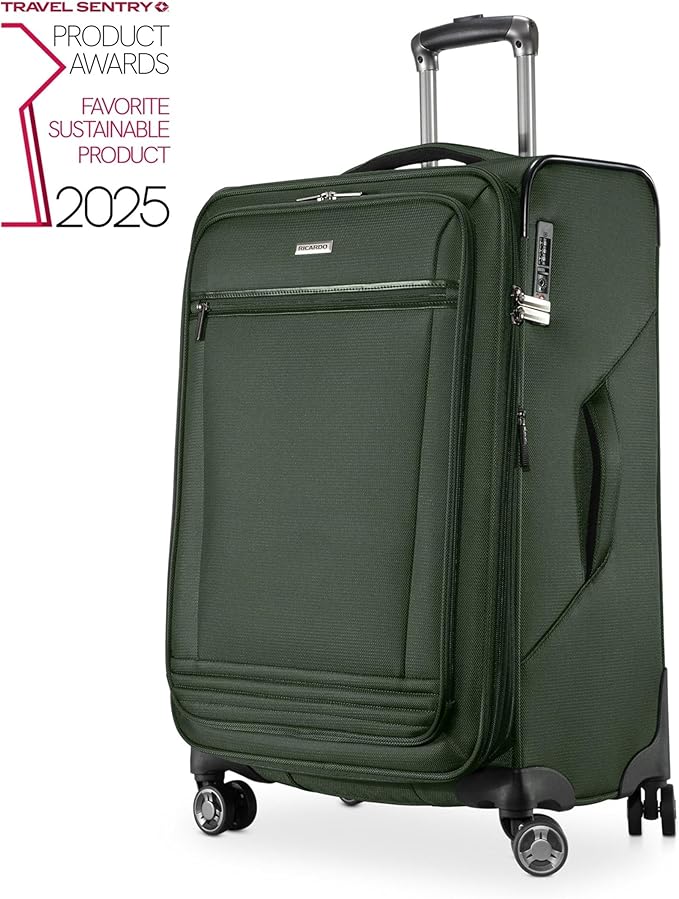 Ricardo Beverly Hills Avalon Softside 2-Piece Luggage Set Made with Sustainable 100% Recycled PET (rPET), Lightweight, Eco-Friendly Travel, Expandable, Dual Spinner Wheels, Juniper Green, (20" & 24")
