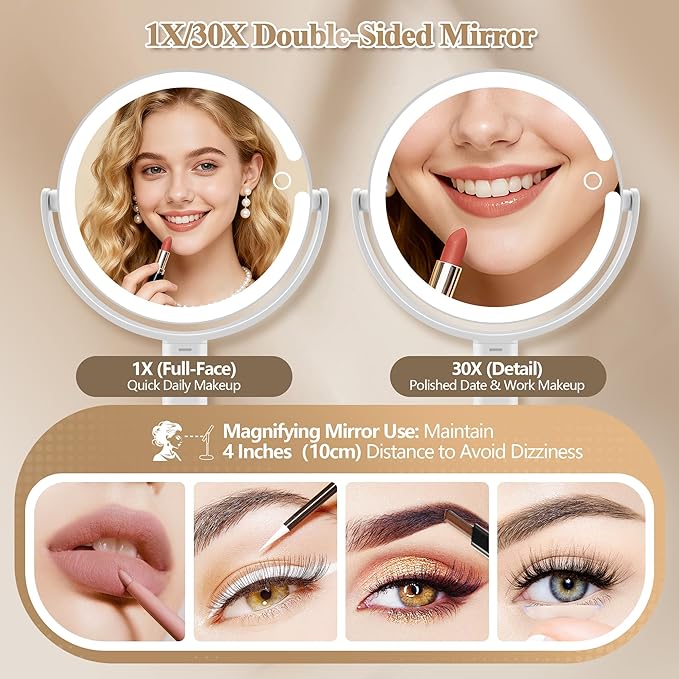 MOMOKUBA Makeup Mirror with Lights, Double Sided 1x/30x Magnifying Mirror with Light, Rechargeable 3 Color Lights and Adjustable Brightness, 360° Rotation Detachable Comes with Tweezer(Ivory)