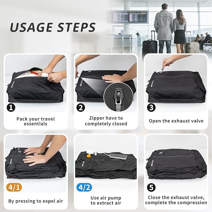Vacuum Bag for Travel, Professional IPX8 Waterproof Reusable Vacuum Compression Bags for Travel Suitcases, Durable Space Saver Bag(2 PACK,With Pump)