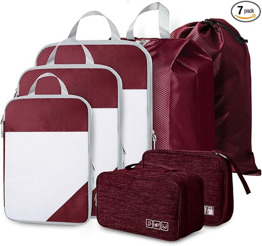 Compression Packing Cubes, 7 Set Packing Cubes for Travel Compression, Lightweight Compressible Package Organizer for Carry On and Suitcases, Wine