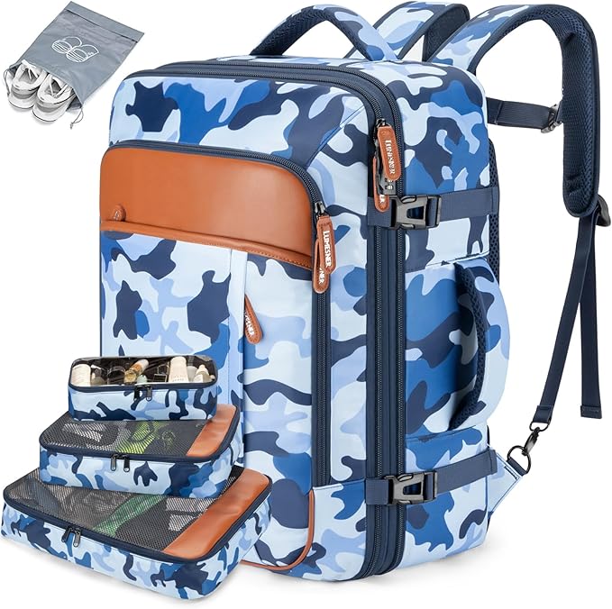 Lumesner Carry on Travel Backpacks, Extra Large 40L Flight Approved for Men & Women,Expandable Suitcase backpack (Camouflage Blue(Backpack With 4 Packing Cubes))