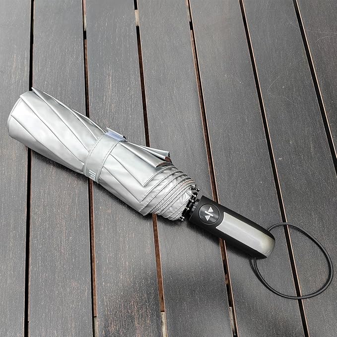 TradMall Travel Umbrella Windproof with 46 Inches Large Canopy 10 Reinforced Fiberglass Ribs Ergonomic Handle Auto Open & Close, Silver/Black