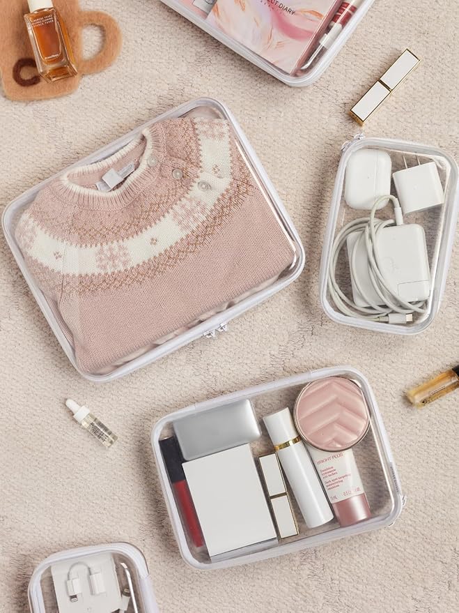 6PCS Clear Zipper Pouches, Small Christmas Item Storage Bins, Zippered Hard Pouch Double, Portable Makeup and Cosmetic Bag, Kid's Toy Storage Organizer Bins, Hard Plastic Case, Clear Zipper Bags