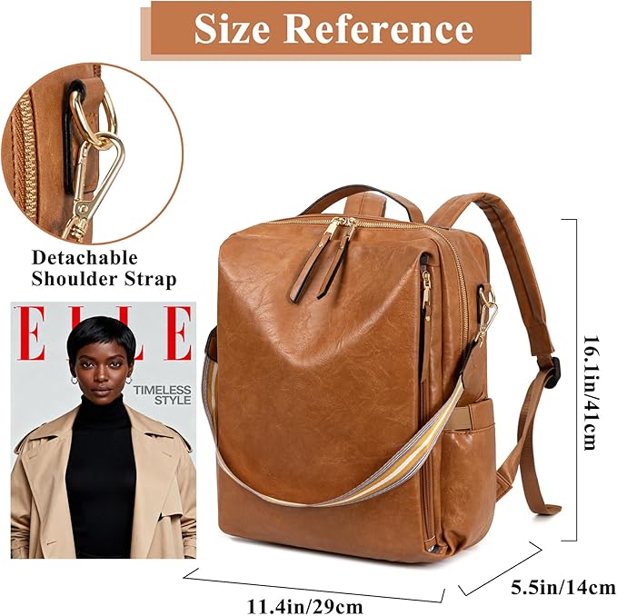 myfriday PU Leather Large Backpack Purse for Women Casual Travel Backpack Convertible Satchel Handbags With Luggage Strap (Brown)