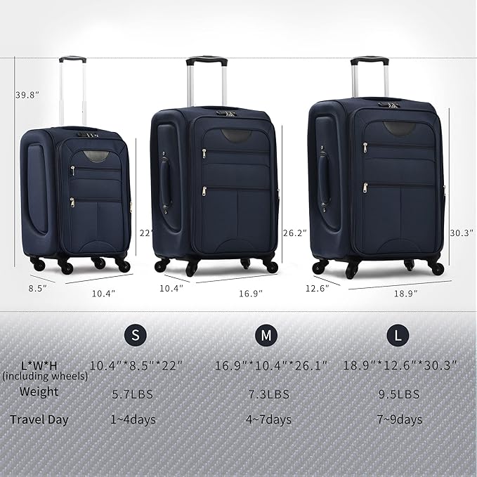 Merax Softside Luggage Set, Travel Suitcase Expandable Lightweight, 3 Piece Luggage Sets with Spinner Wheels 22" 26" 30" Suitcase with TSA Lock (Deep Blue)