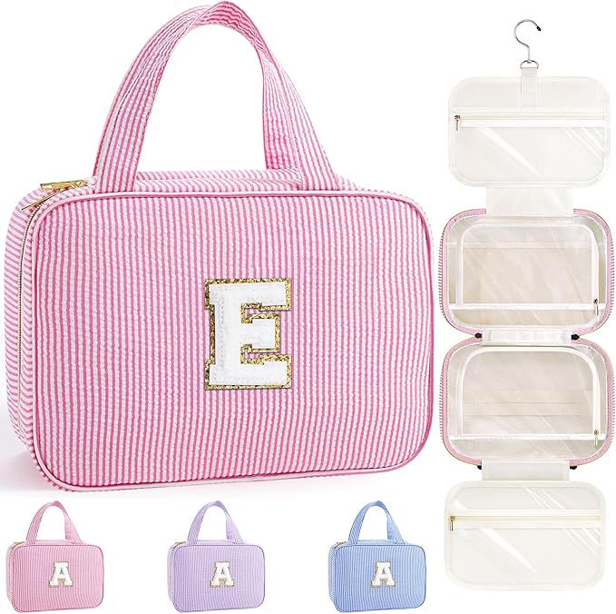 TOPEAST Gifts for Teen Girls Kids - Travel Hanging Toiletry Bag, Personalized Initial Toiletry Pouch, Gifts for Mom Daughter Sister Friends, Letter E, Pink