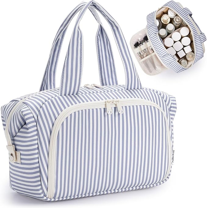 Narwey Travel Toiletry Bag for Women, Wide Open Large Makeup Bag, Cosmetic Bag Make Up Organizer with Handle, Wet Pocket for Towel, Travel Bag for Toiletries, Brushes, Essentials (Greyish Blue Stripe)