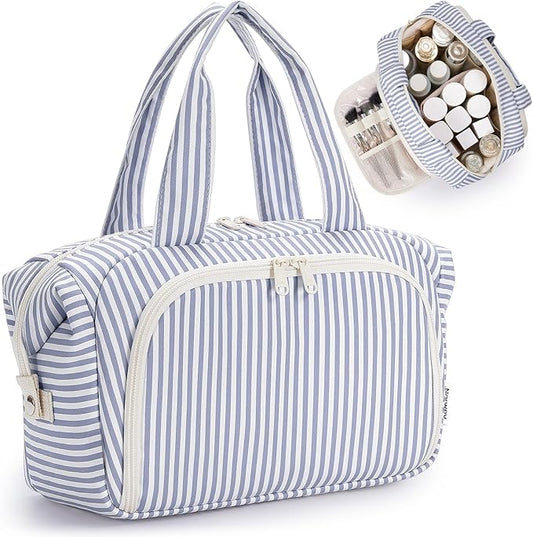 Narwey Travel Toiletry Bag for Women, Wide Open Large Makeup Bag, Cosmetic Bag Make Up Organizer with Handle, Wet Pocket for Towel, Travel Bag for Toiletries, Brushes, Essentials (Greyish Blue Stripe)