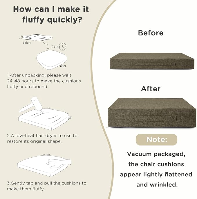 AddGrace Recliner Cushions for Elderly Thick Seat Cushion 20"x20"x4" Chair Pads with Non Slip Backing and Washable Cover for Couch Armchair Chairs Khaki