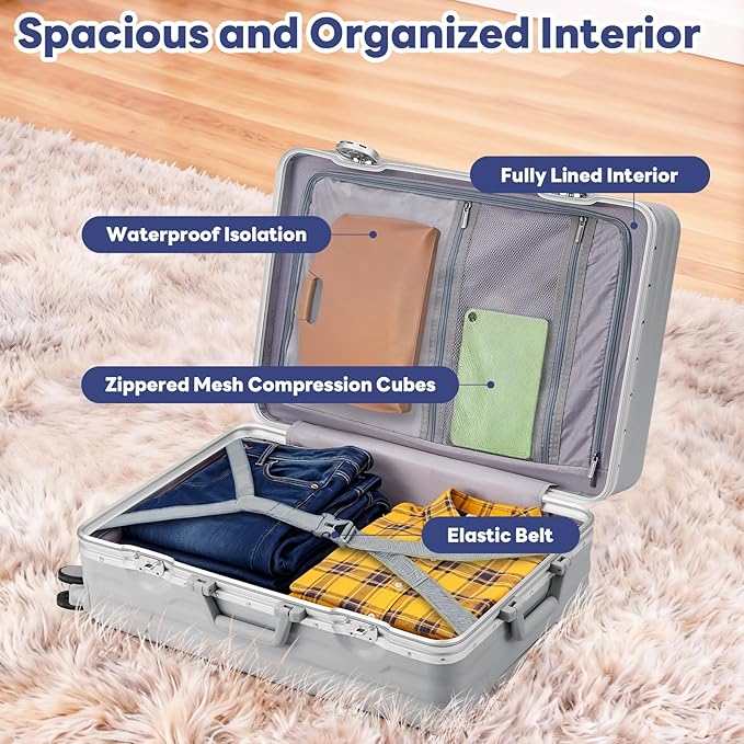 20 Inch Carry On Luggage, Zipperless Luggage with Spinner Wheels, Airline Approved Suitcase with Cup Holder, TSA Lock and USB Charger for Travel, Silver(PC+Aluminum Frame)