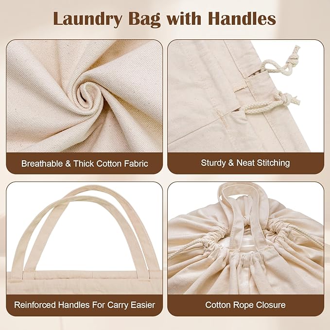 Cotton Canvas Laundry Bags with Handles & Square Base 16"Lx16"Wx27.6"H, Extra Large Heavy Duty Laundry Basket Hamper Liner, Washable Drawstring Dirty Clothes Bag Cotton Storage Sack (Natural,1 Pack)