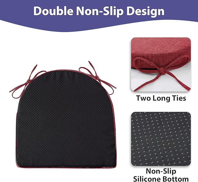 Chair Cushions for Dining Chairs with Ties and Removable Cover, Dining Kitchen Chair Pads with Non-Slip Bottom, High-Resilience Indoor Seat Cushions, 16'' x 16'' x 2'', Set of 4, Red