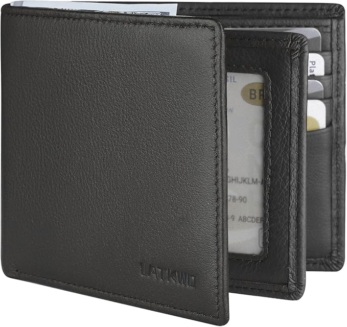 Mens Wallet - Genuine Leather Bifold RFID Blocking Slim Front Pocket Large Capacity with 10 Card Slots, 2 ID Windows & 2 Cash Pockets - Heavy Duty Stitched Gift for Men (Black)