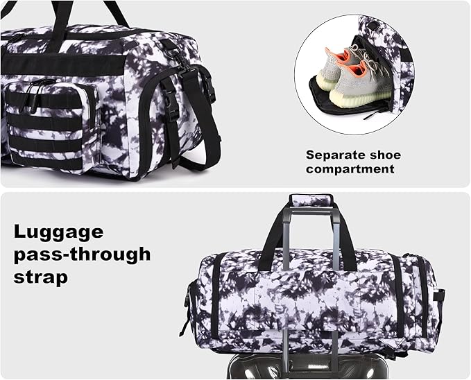 LHI 50L Tactical Duffle Bag for Men, 3-in-1 Gym Duffle and Backpack, Shoe Compartment, Laptop Sleeve and MOLLE, Carry-On Travel Weekender and Overnight Bag – Black and White