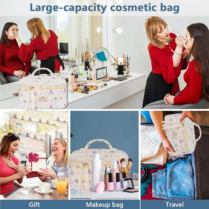 Large Makeup Bag, Cute Cosmetic Bag for Women Girls, Floral Coquette Aesthetic Toiletry Bag, Travel Make Up Organizer Bag (Small Elephant)