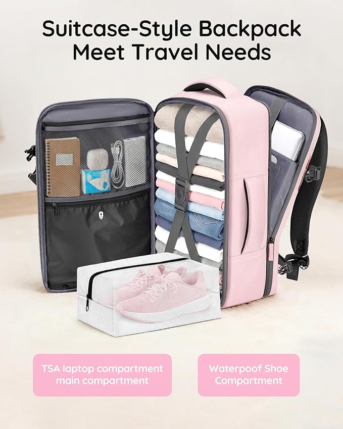 Taygeer 18 x 14 x 8 Inches Personal Item Bag, Travel Personal Item Bag with Water Bottle Pocket & Shoe Pouch, TSA Approved Under Seat Carry on Backpack Fits 15.6 inch Laptop for Women Airplanes, Pink