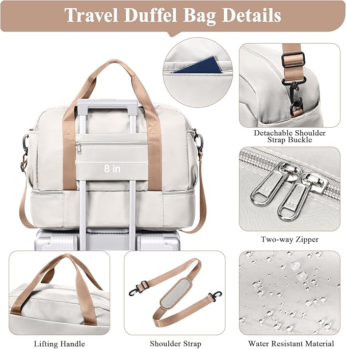 Travel Duffel Bags for Women, Carry-on Overnight Weekender Bag with Wet Pocket & Toiletry Bag, For Spirit Airlines 18x14x8 Personal Item Bag