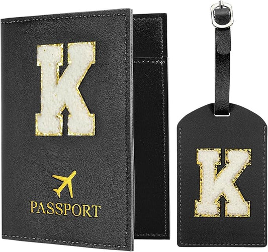 PATIKIL Passport Holder for Travel, Initial Passport Cover and Luggage Tag Set with Alphabet Chenille Letter Patch Travel Wallet Bag Suitcase Identifier for Women Family Travel Black K