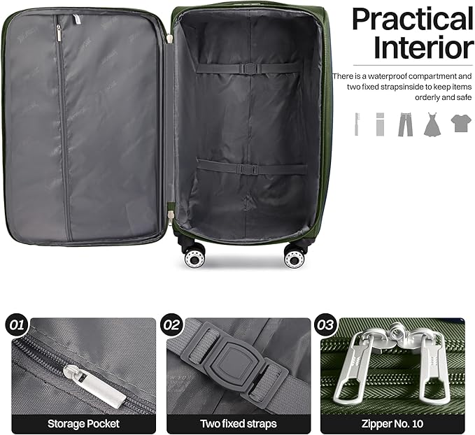 2-Piece Set Front Opening,Softside Luggage Sets w/Double Spinner Wheels Expandable Luggage,Lightweight Travel Luggage Rolling Suitcase w/LOCK（Green-Grey,20in/28in）