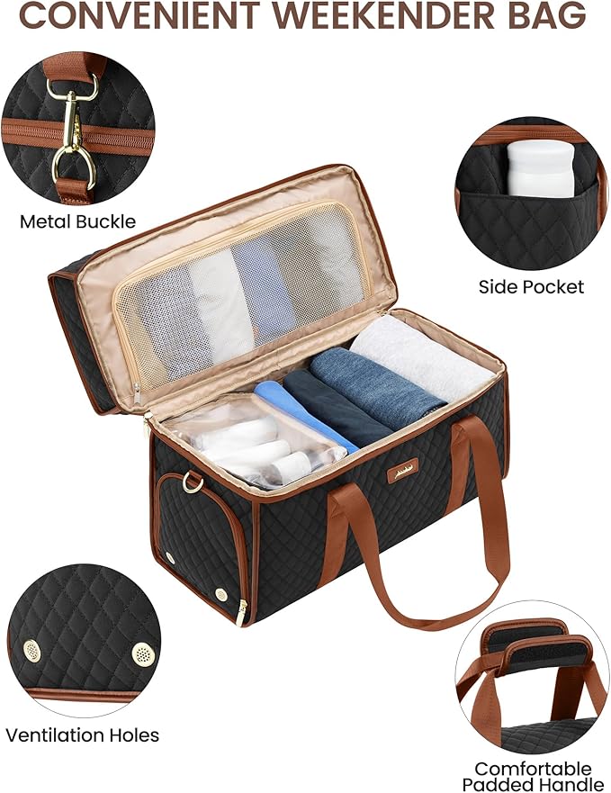 Weekender Travel Duffle Bag for Women: Overnight Bags with Shoe Compartment Carry on Bags for Airplanes with Toiletry Bag Weekend Yoga Gym Bag with Wet Pocket Black Brown