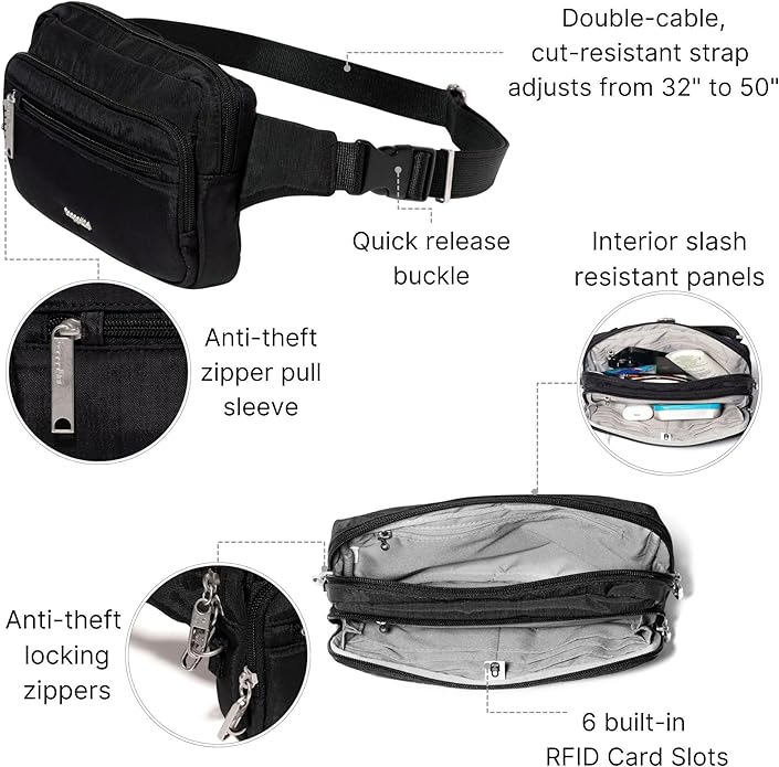 Baggallini Securtex Anti-theft Belt Bag 8.8"x5.5" Crossbody Fanny Pack for Women RFID Wallet Locking Zipper Travel Purse