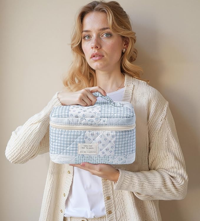 HBselect Quilted Makeup Bag, 3PCS Cotton Large Travel Makeup Bag, Cute Floral Coquette Make up Bag Cosmetic Bag Toiletry Bag for Women Girls