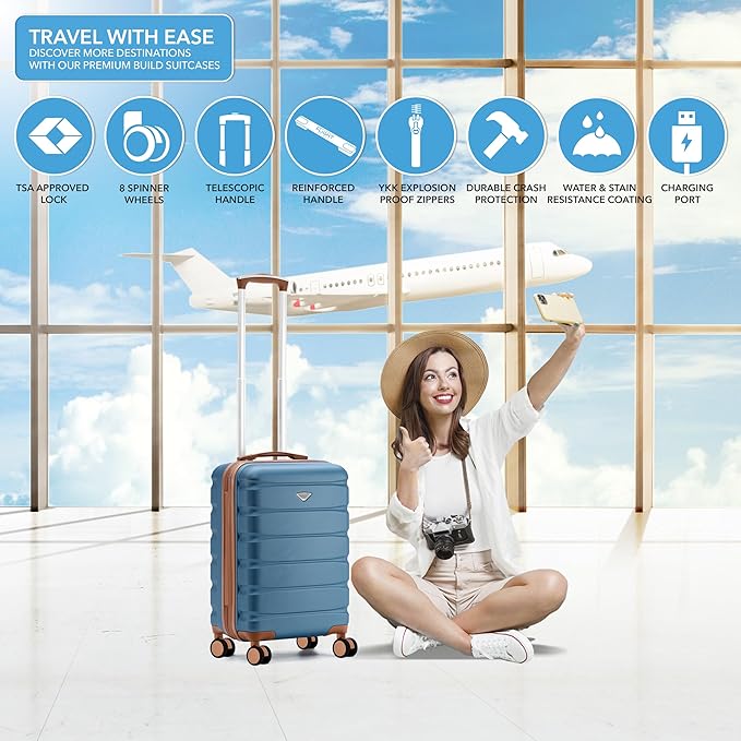 Flight Knight 22x14x9" Expandable Carry On Suitcase Hardside TSA Lock USB C Port Lightweight Luggage Silent Double Spinner Wheels Maximum Overhead Carry-On Bag For American & United Approved Airlines