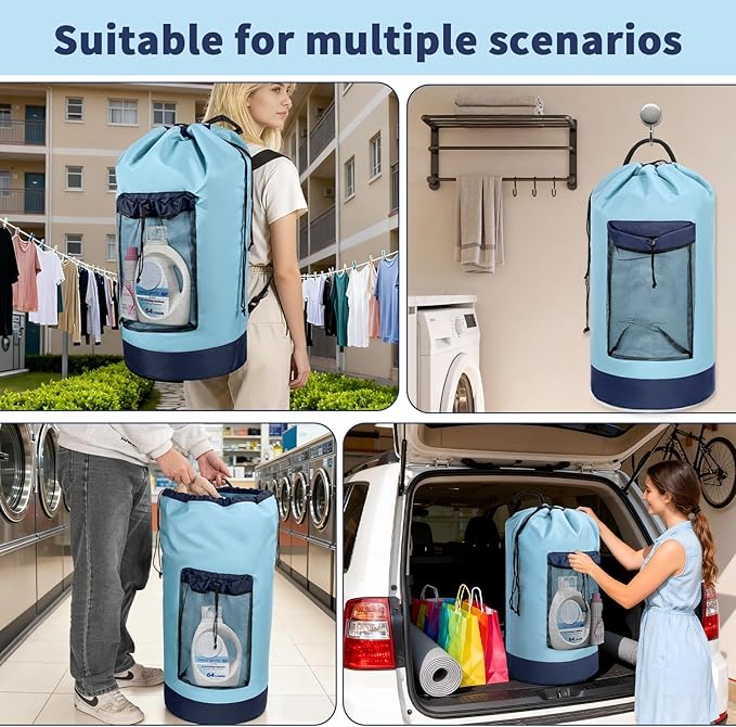 150L Laundry Bag Backpack with 3 Sizes Mesh Wash Bags and Shoulder Straps Foldable Clothes Hamper Bag with Drawstring Closure for College, Apartment, Laundromat (Pale Blue)