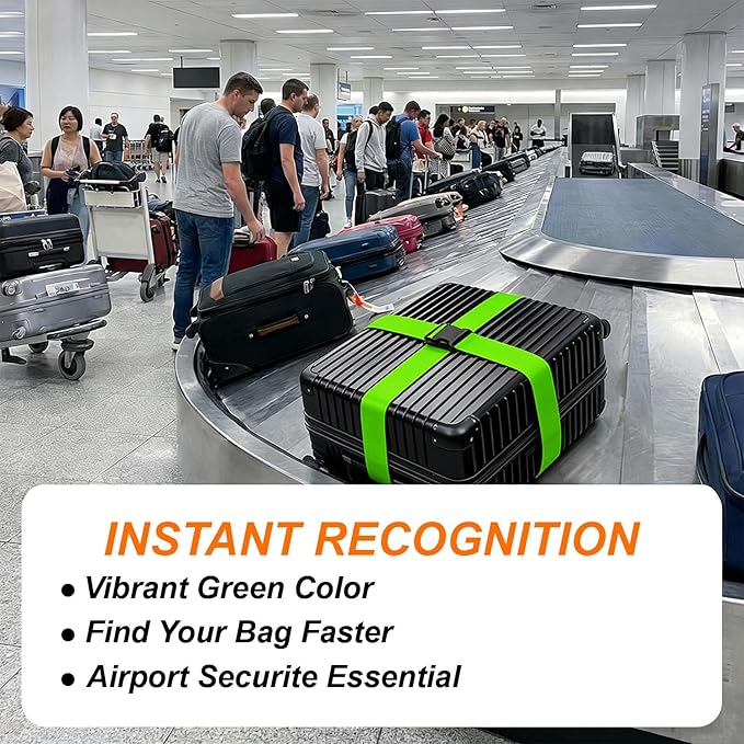 4 Pack Adjustable Luggage Straps for Suitcases – Secure Lock Travel Belts, 40''–78'' Fit, Easy Luggage Identification (Green)