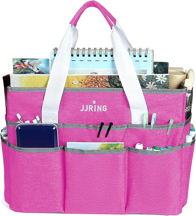 JJRING Craft Organizer Tote Bag, Large Art Storage Caddy with Multiple Pockets, Deep Red Sewing Bag for Art, Craft, Scrapbooking, Medical, and Office Supplies Storage