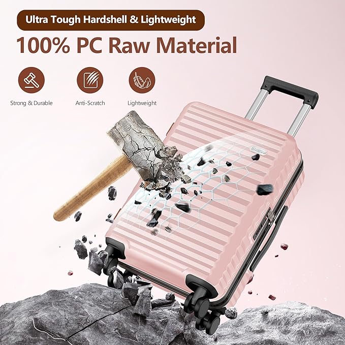 SHOWKOO Suitcase Hardside Expandable Luggage Set, Suitcase with Double Spinner Wheels TSA Lock 3 Piece Set Pink (DB/TB/28in)