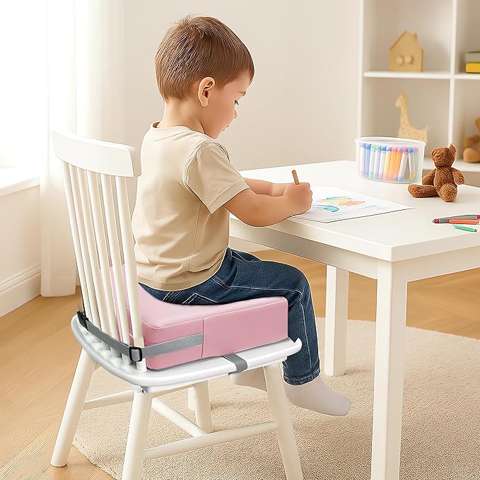 Toddler Booster Seat Dining Table Kitchen Chair, Waterproof Anti-Scratch PU Cushion, Non-Slip Bottom, Adjustable Buckle Straps, Easy Clean Portable Seat Cushion (Pink)