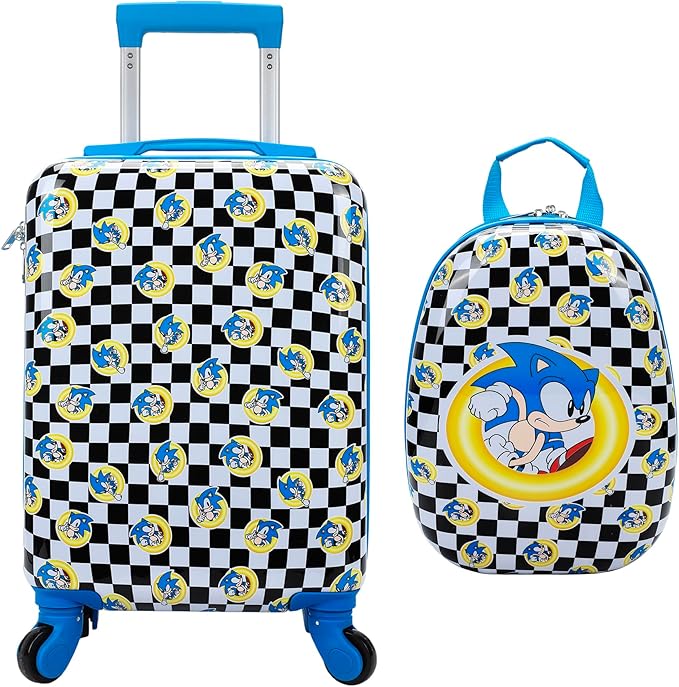 Bioworld Sonic the Hedgehog Kids' 2-Piece Travel Set With Rolling Suitcase And Backpack
