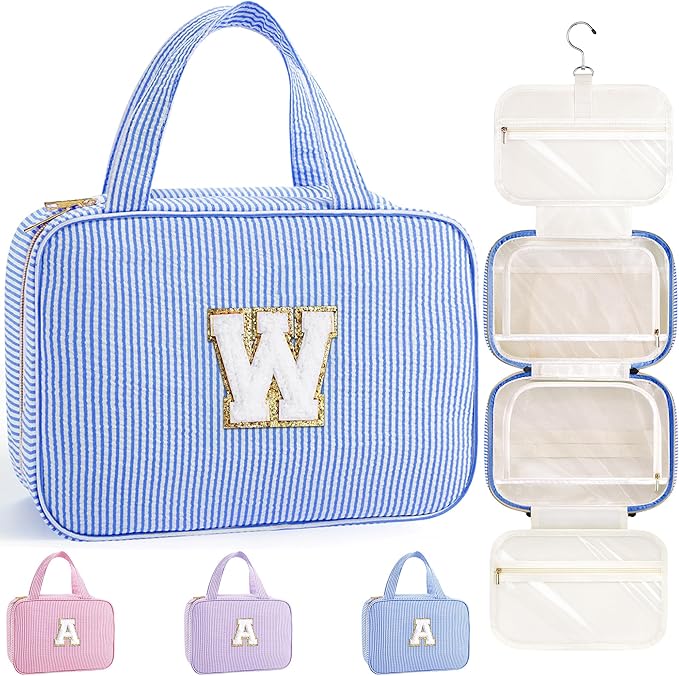 TOPEAST Hanging Toiletry Bag for Women - Travel Toiletry Bag Makeup Bag, Portable Toiletries Cosmetic Bag, Airplane Travel Essentials - Letter W, Blue