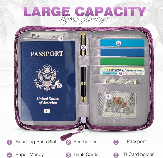 Single Passport Holder for Travel, RFID Travel Document Organizer for Women Waterproof Passport Wallet Men Portable Case for Cards, Boarding Pass, ID, Money, Tickets with Zipper