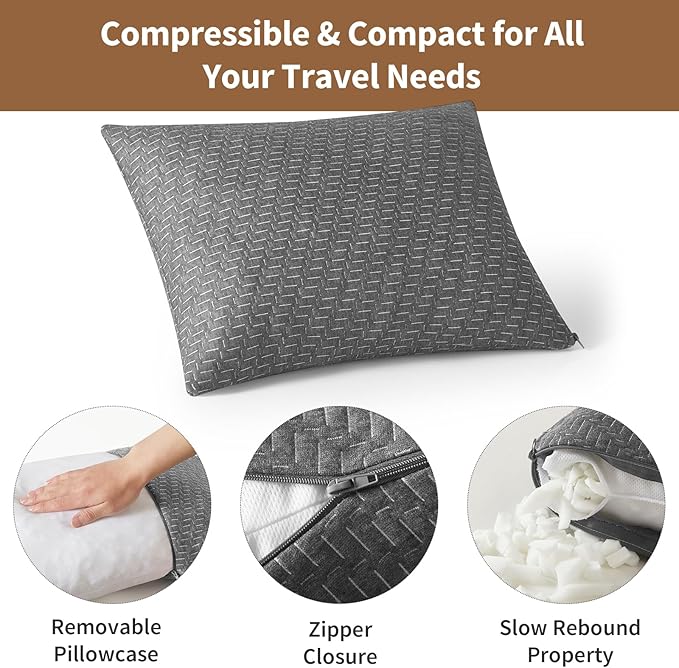 Travel Size Pillow, Compressible Memory Foam Pillow, Camping Pillow Breathable Cover for Travel Airplane Car Hiking Camping Outdoor