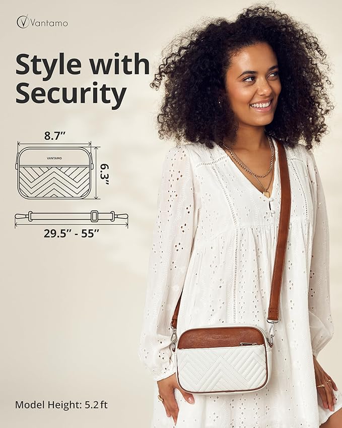 Vantamo Premium Quilted Crossbody Bags for Women with Anti-Pickpocket Clip, Vegan Leather Handbags, Travel Purses for Women