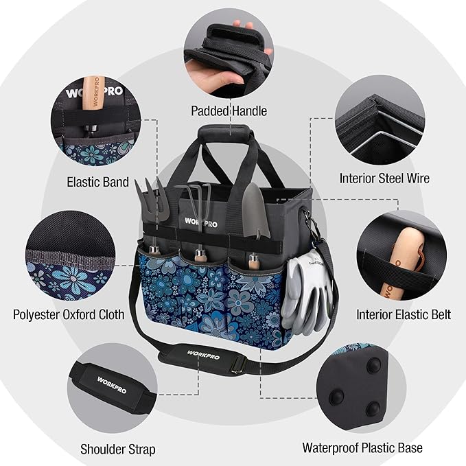 WORKPRO Garden Tool Bag Organizer, Heavy Duty Gardening Tote Bag with 10 Pockets and Long Adjustable Shoulder Strap, Standable Garden Home Tool Kits Organizer, Floral Blue (Tools are not Included)