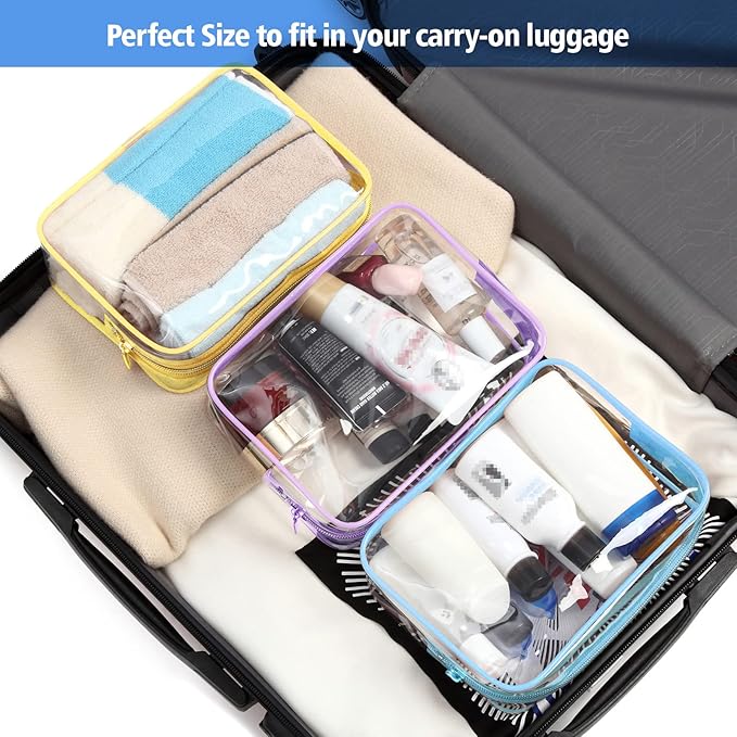PACKISM TSA Approved Toiletry Bag 5 Medium - Quart Size Clear Makeup Bag for Carry On, Airport Security Compliant Clear Travel bag for Toiletries with Reinforced Seams, Blue Pink White Yellow Purple
