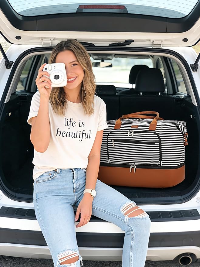 Duffle Bag for Women Travel, Weekender Bag Overnight Bag with Shoe Compartment, Carry on Bag with Crossbody Purse for Over Night, Weekend, Yoga, Gym, Business Trips, Hospital, Black Strip