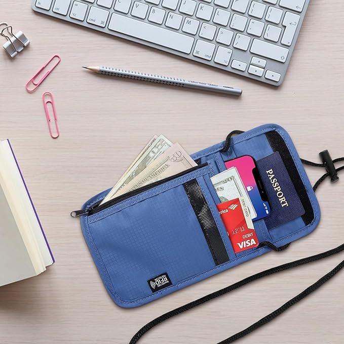 Likesing 5.5" L x 7.9" W Travel Neck Wallet, RFID Blocking Passport Holder, Security Lightweight Passport Travel Wallet, Neck Pouch Gifts for Women Men(Blue)