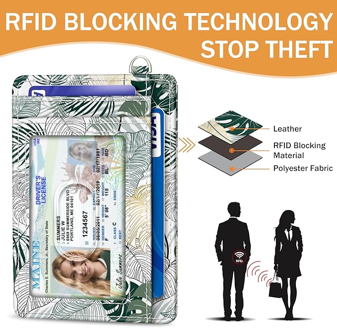 Yonlevres Credit Card Holder Slim Wallet, Tropical Leaf RFID Wallet Women Front Pocket Small Card Holder, Travel Funny Cute Thin Card Case ID Window PU Leather RFID Blocking Card Organizer Gifts Girls